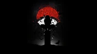 Silhouette de Itachi Uchiha contra un círculo rojo y blanco sobre un fondo negro