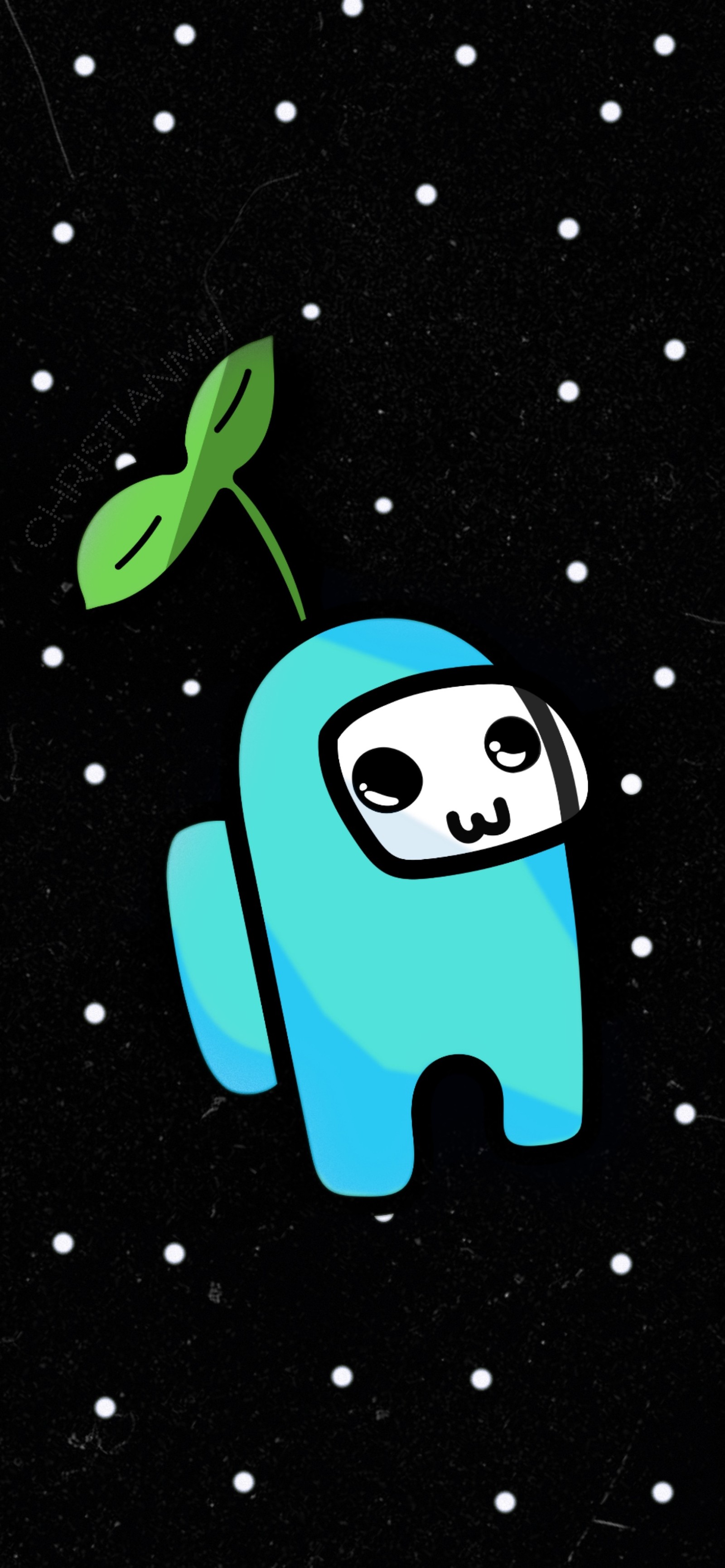 There is a cartoon robot with a leaf on its head (among us, amoung us, celeste, el tona, funado)