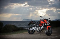 Aprilia Dorsoduro steht an der Küste und zeigt ihr schlankes Design vor einem dramatischen Himmel und Ozeanhintergrund.