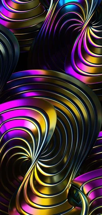 Design fractal vibrante: linhas metálicas em espiral em roxo e ouro