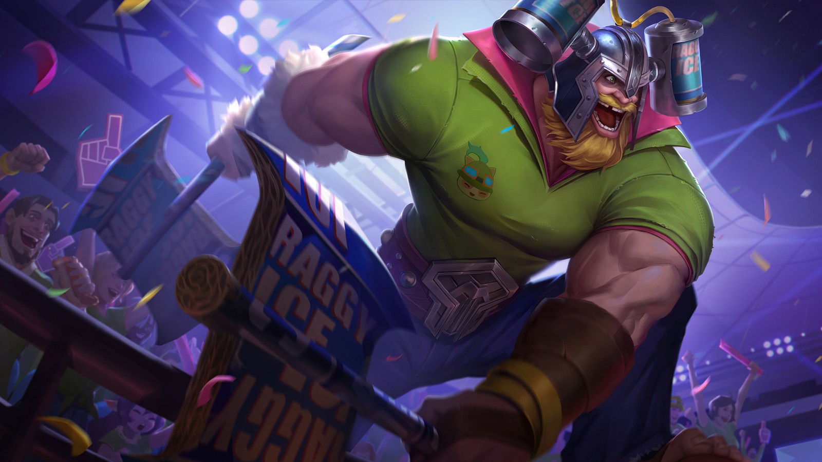 Um close de um homem com um capacete e uma camisa verde (league of legends wild rift, lol wild rift, jogo de vídeo, lol, league of legends)