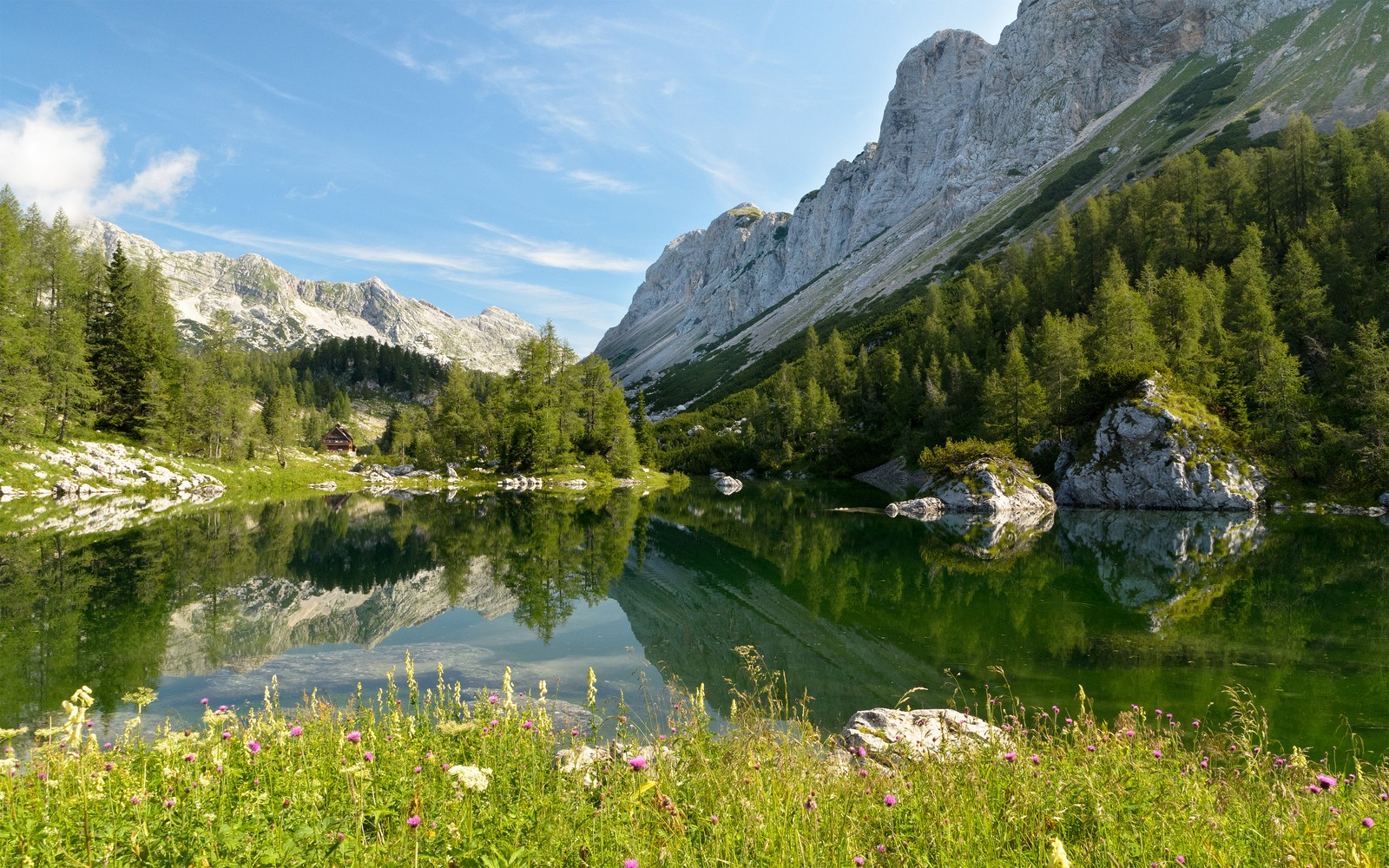 Una vista aérea de un lago en las montañas con una montaña de fondo (double triglav lake, eslovenia, seven lakes valley, julian alps, montañas)