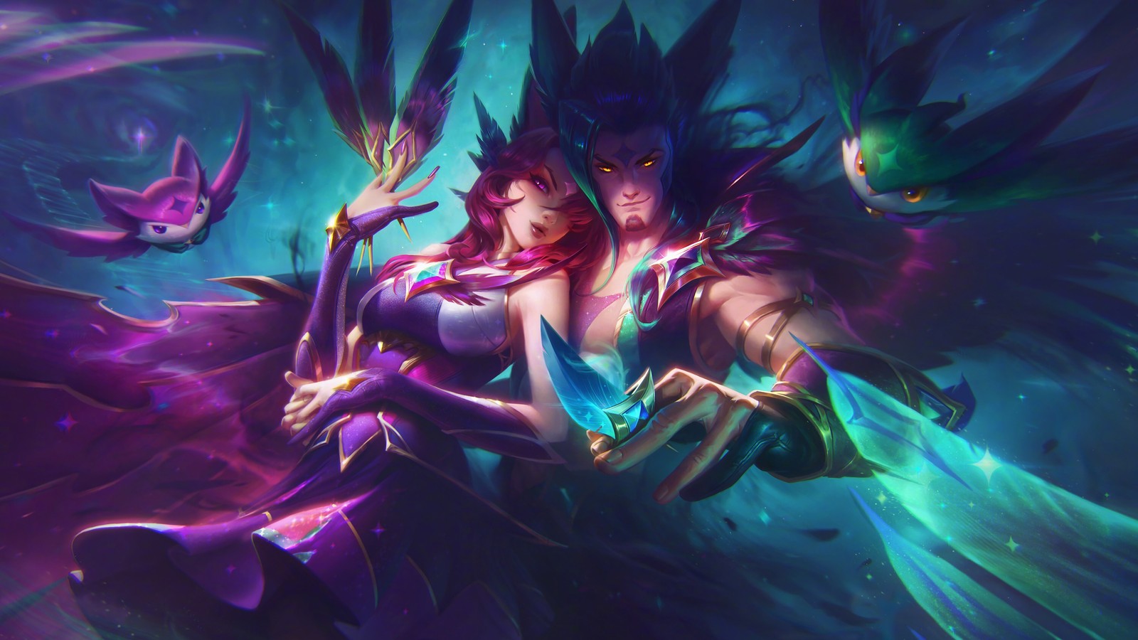 A woman in a purple dress holding a wand and a bird (star guardian, xayah, rakan, league of legends, lol)