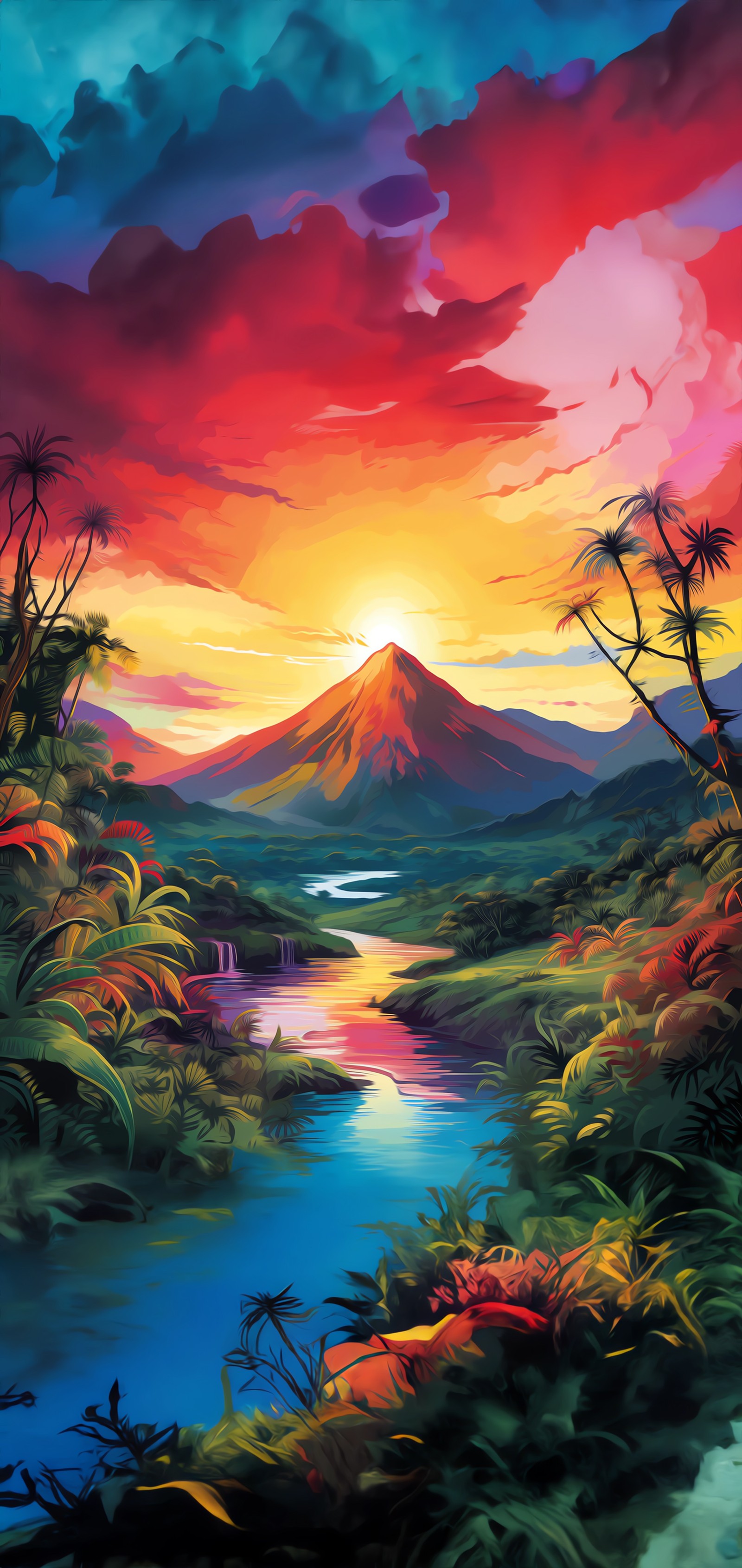 Painting of a sunset over a mountain with a river and trees (sunlight, painting, visual arts, drawing, mountain)