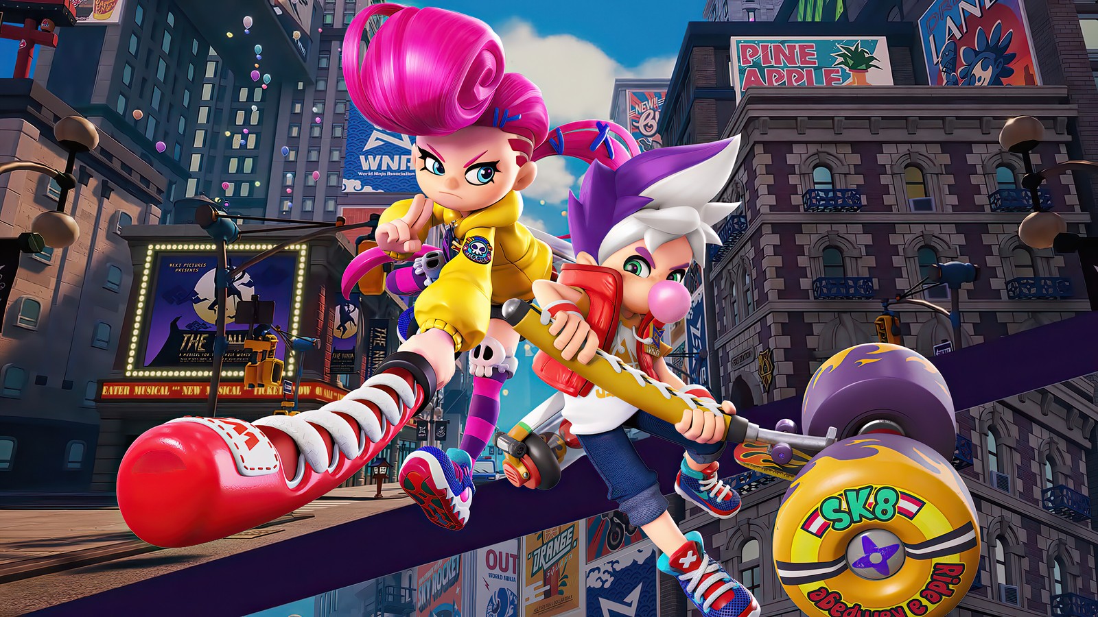 A close up of a cartoon character on a city street (ninjala, video game, nintendo switch)