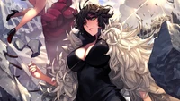 Fubuki de One Punch Man em uma paisagem nevada dramática, mostrando sua poderosa presença e traje marcante.