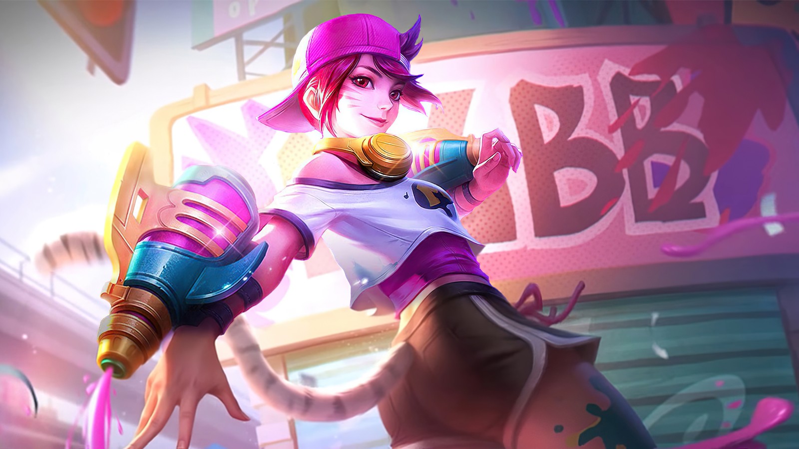 Un gros plan d'une femme avec un chapeau rose et un haut violet (wanwan, pop adolescente, lumière des étoiles, mobile legends, bang bang)