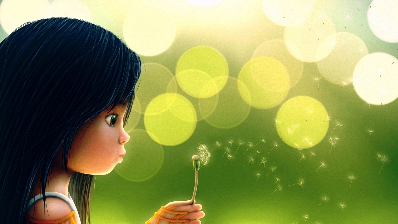 A close up of a girl blowing a dandelion in the air (cartoon, people in nature, green, dandelion, yellow)