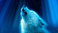 A majestic wolf howling under a starry sky, illuminated in shades of electric blue and aqua.