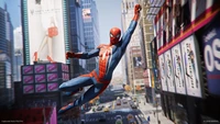 Spider-Man balanceándose a través de un bullicioso paisaje urbano, mostrando su agilidad de superhéroe contra un fondo de rascacielos y anuncios vibrantes.