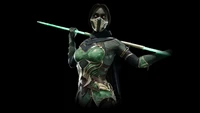 Jade from Mortal Kombat 11 with her signature weapon, poised for battle.