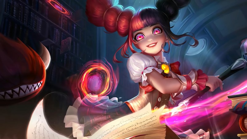 Женщина в розовом платье держит книгу и нож (лиллия, lylia, mobile legends, ml, видеоигра)