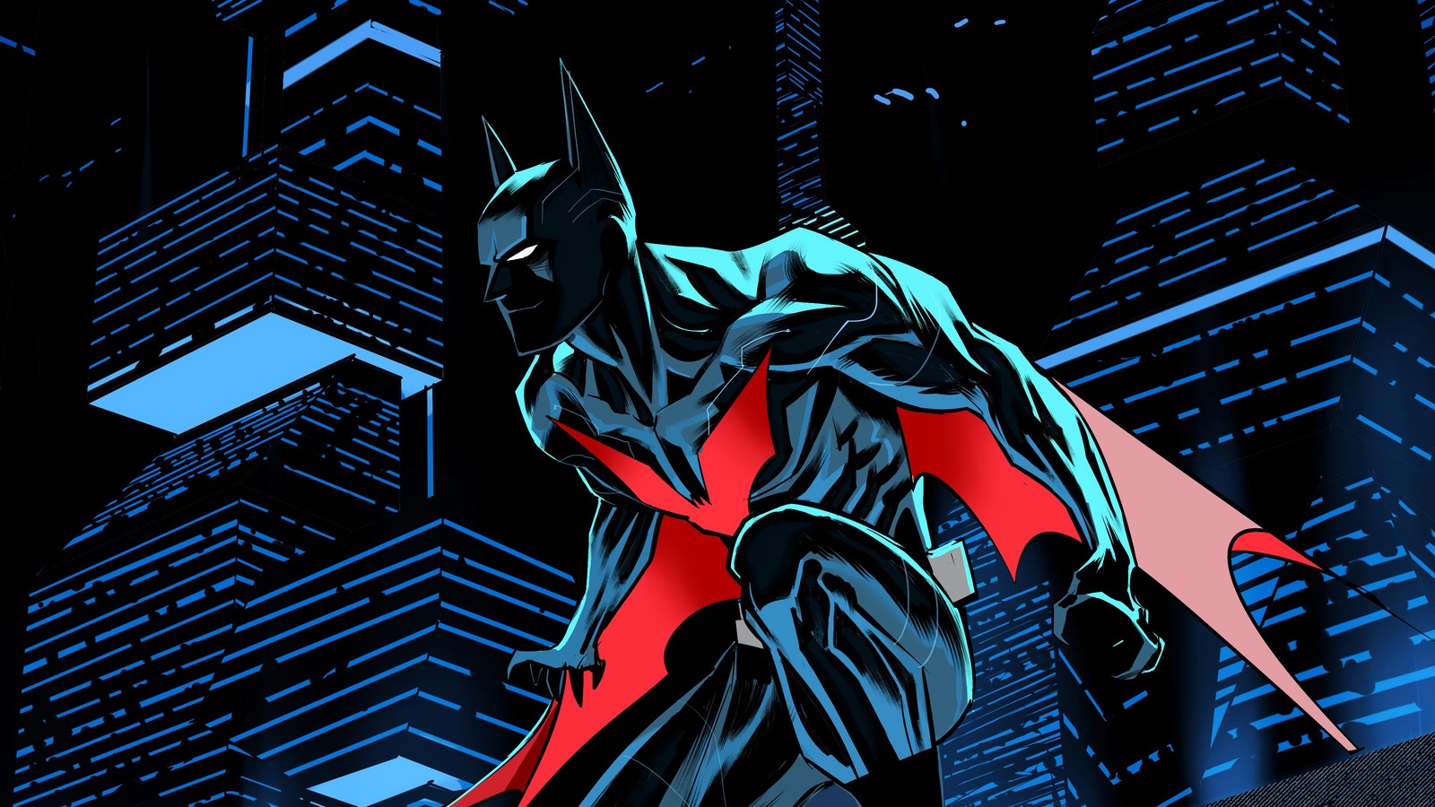 Batman en la ciudad por la noche (batman del futuro, batman beyond, dc comics, cómics)