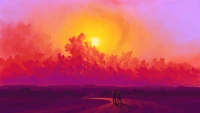 sun, clouds, scenery, couple, digital art