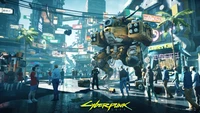 A bustling cyberpunk cityscape featuring futuristic architecture, vibrant neon lights, and a giant mech, surrounded by diverse crowds engaged in urban life.