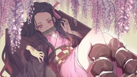 Nezuko Kamado dans un jardin de glycines onirique