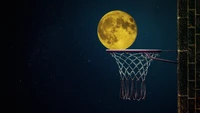 Lua cheia sobre a cesta de basquete no céu estrelado da noite