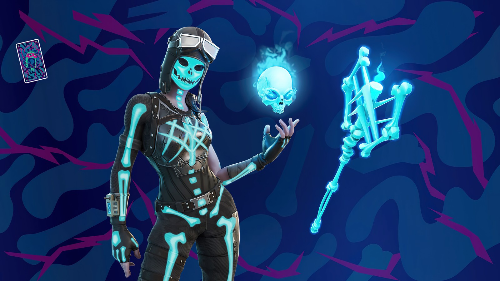 A woman in a skeleton suit holding a glowing light (fortnite, battle royale, video game, skeletara, skin)