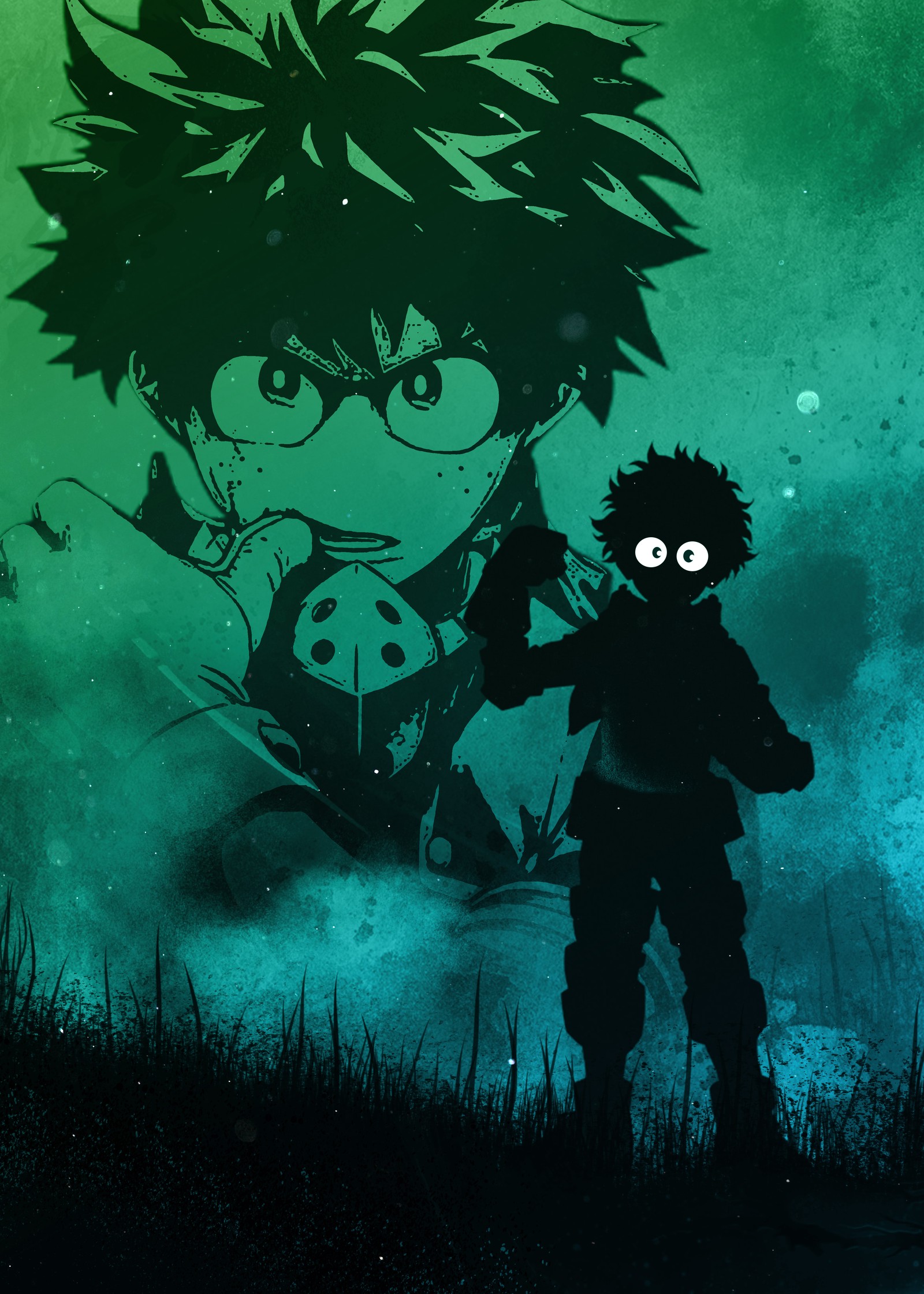 Personagem de anime com um fundo verde e uma imagem em preto e branco (izuku midoriya, silhueta, my hero academia, anime, papel de parede 4k)