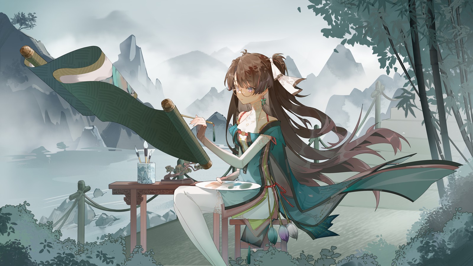 Fille d'anime assise à une table avec un parapluie et une assiette de nourriture (zhezhi, wuthering waves, jeu vidéo)