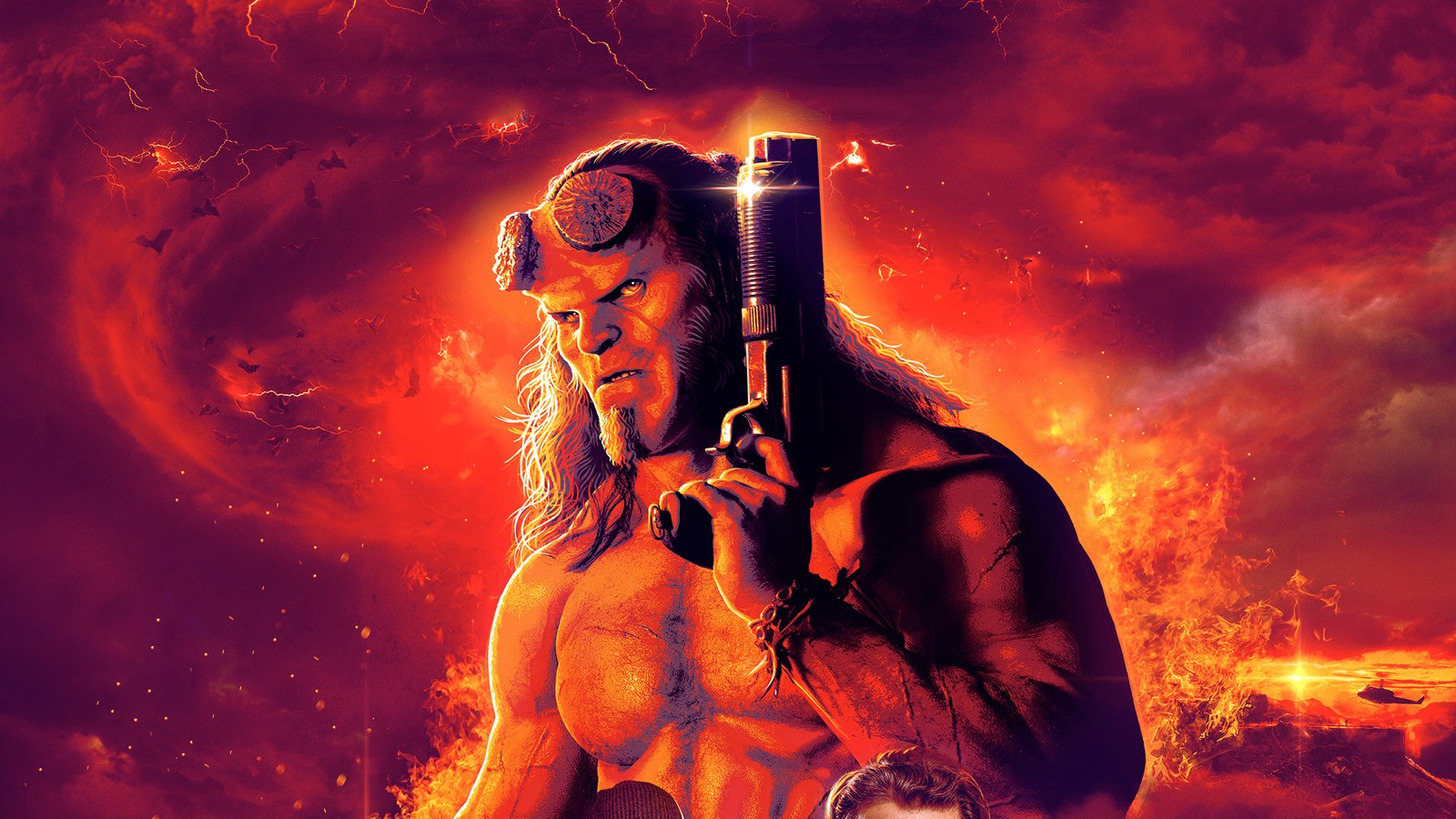 Hellboy with a gun in his hand and a red sky background (poster, film poster, human, illustration, art)