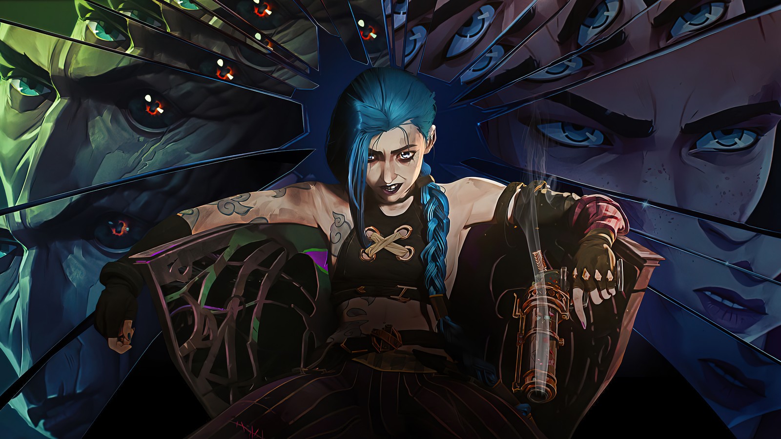 A close up of a person with blue hair and a blue wig (jinx, arcane series, tv series, arcane, lol)