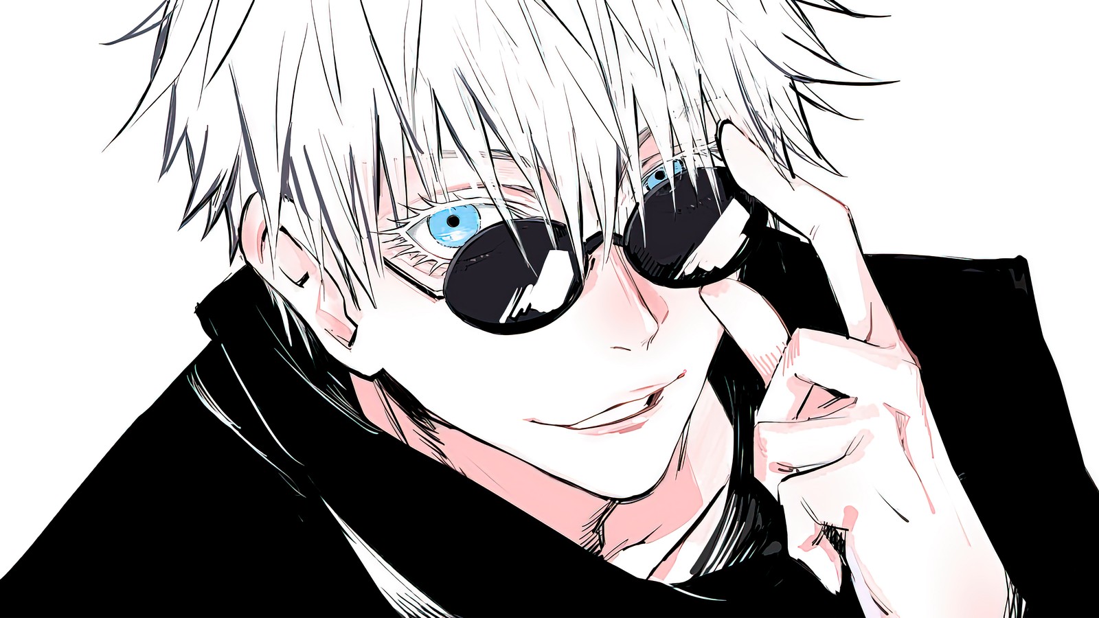 Garçon d'anime avec des lunettes de soleil et une veste noire (satoru gojo, lunettes, jujutsu kaisen, anime, combat de sorcellerie)