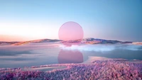 Serene Pink Sunset Over Tranquil Lake Landscape