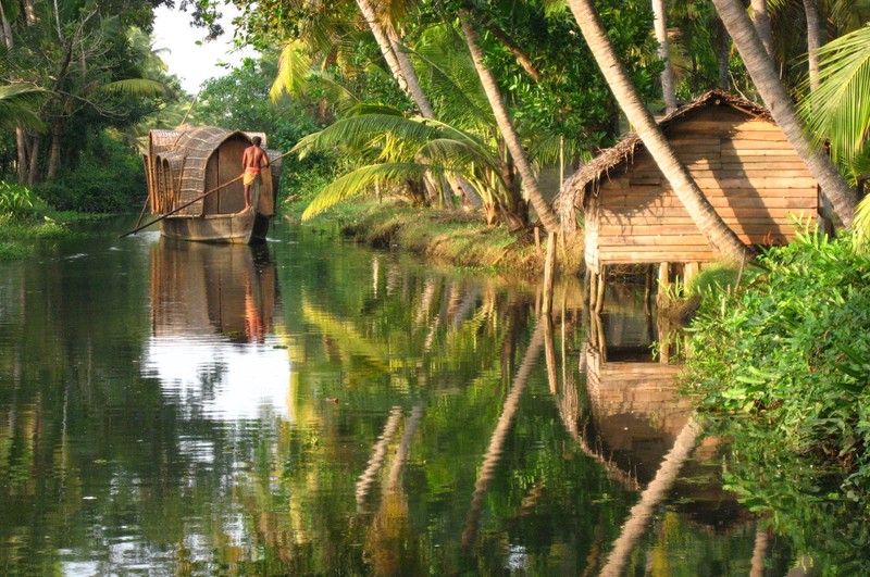 Лодка, которая плывет по реке в джунглях (алаппужа, alappuzha, отражение, вода, заповедник)