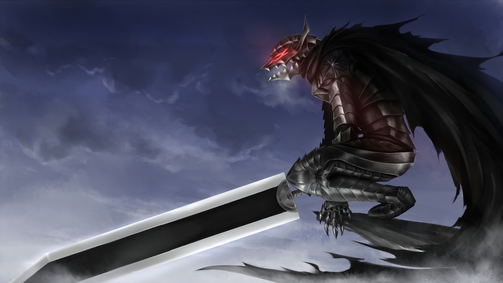 Eine nahaufnahme eines drachen mit einem schwert in der hand (guts, berserk, anime, schwert, rüstung)