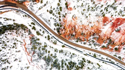 Paisagem coberta de neve com estrada sinuosa e árvores