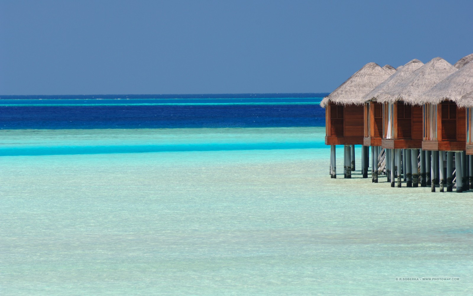 Several huts are lined up on the water near the beach (travel, resort, sea, beach, vacation)