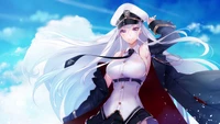 Anime Mädchen Enterprise aus Azur Lane in einer Marineuniform vor blauem Himmel