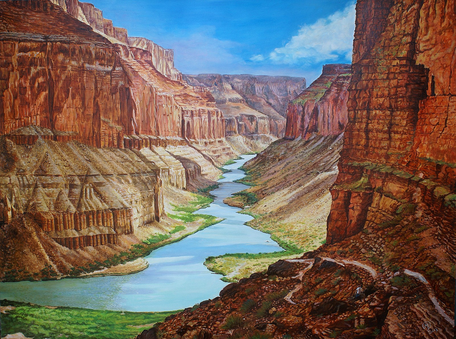 Pintura de um rio correndo por um cânion no meio de um cânion (cânion, rio colorado, parque nacional, pintura, formação)