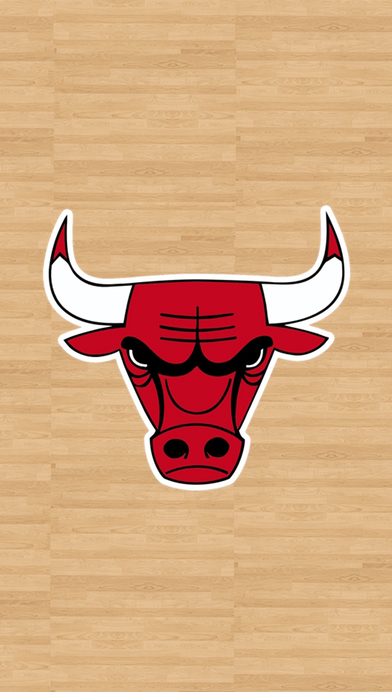 Chicago bulls logo on a wooden floor with a basketball court in the background (bull, red, red bull)