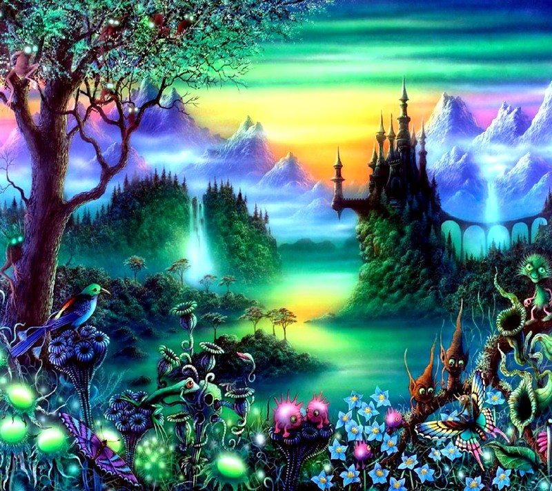 Uma pintura de uma floresta de fantasia com um castelo e um lago (natureza)