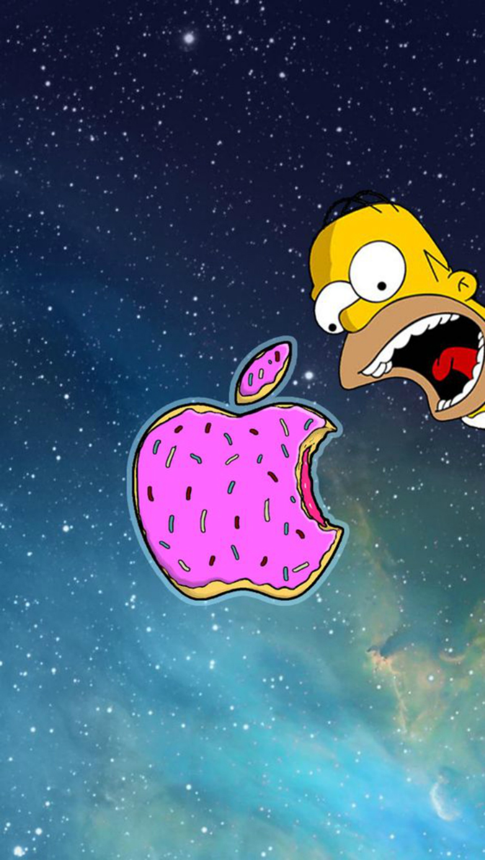 Un dibujo animado de un hombre con un donut rosa en la boca (manzana, donut, homer simpson, logos)