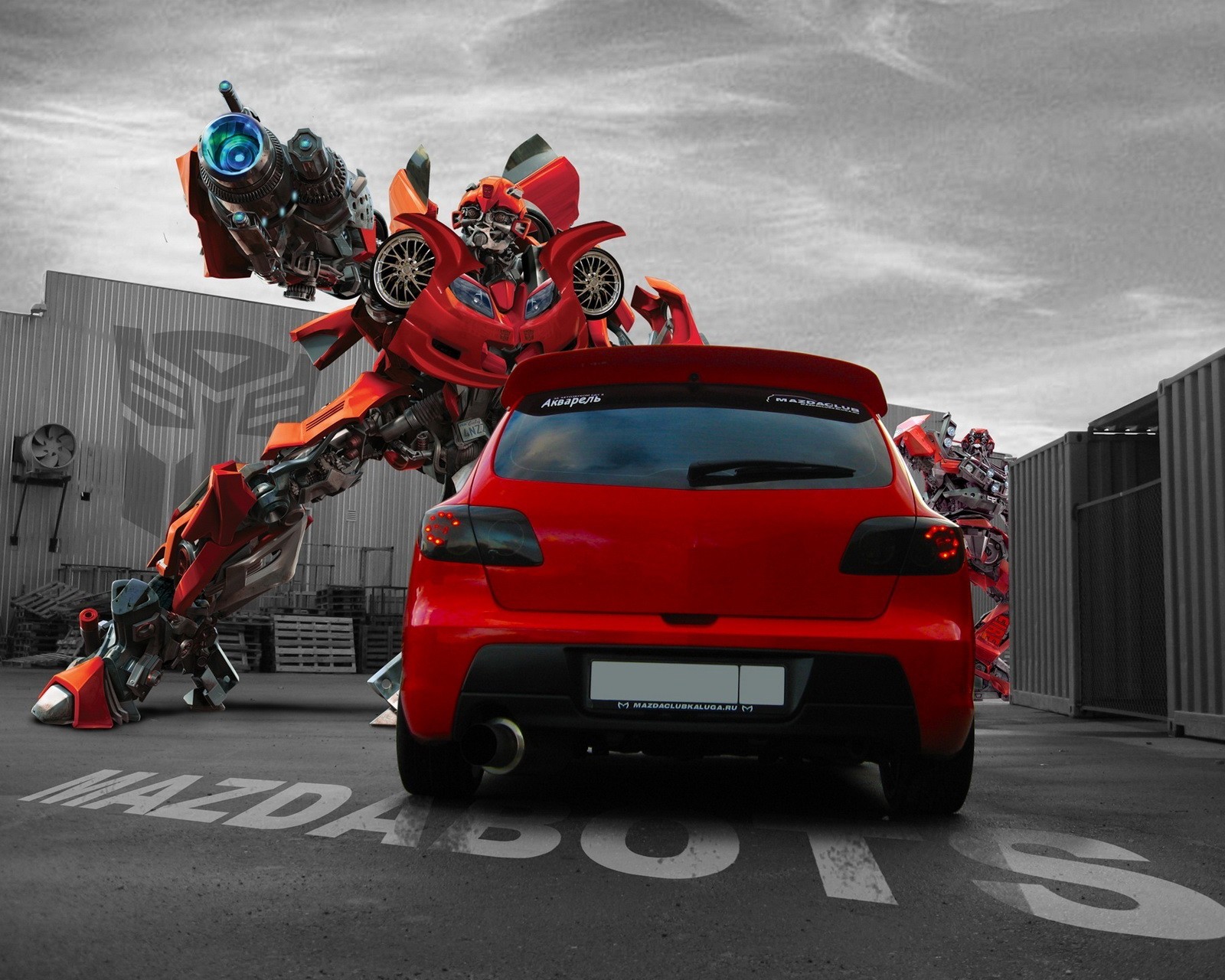 Arafed red car with a giant robot on the back (car, cars, hd, new, rear)