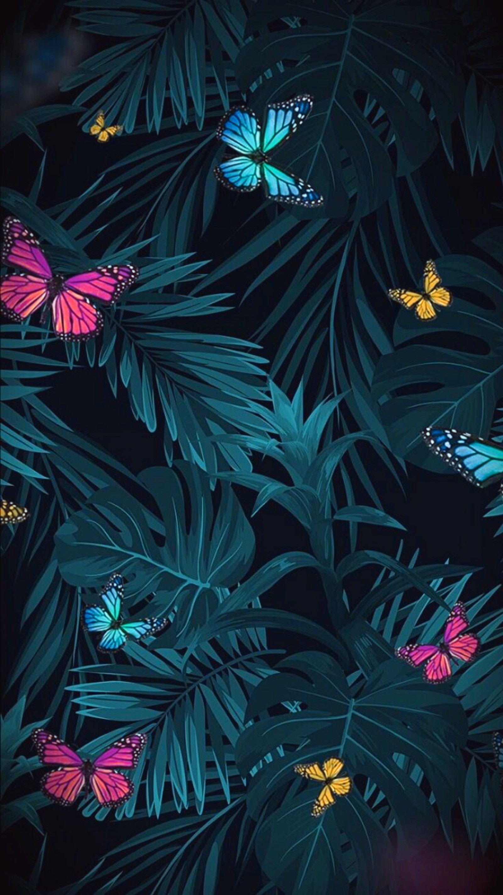 Un primer plano de un grupo de mariposas volando sobre una palmera (fondo, hd, plantas, rosas, selva)