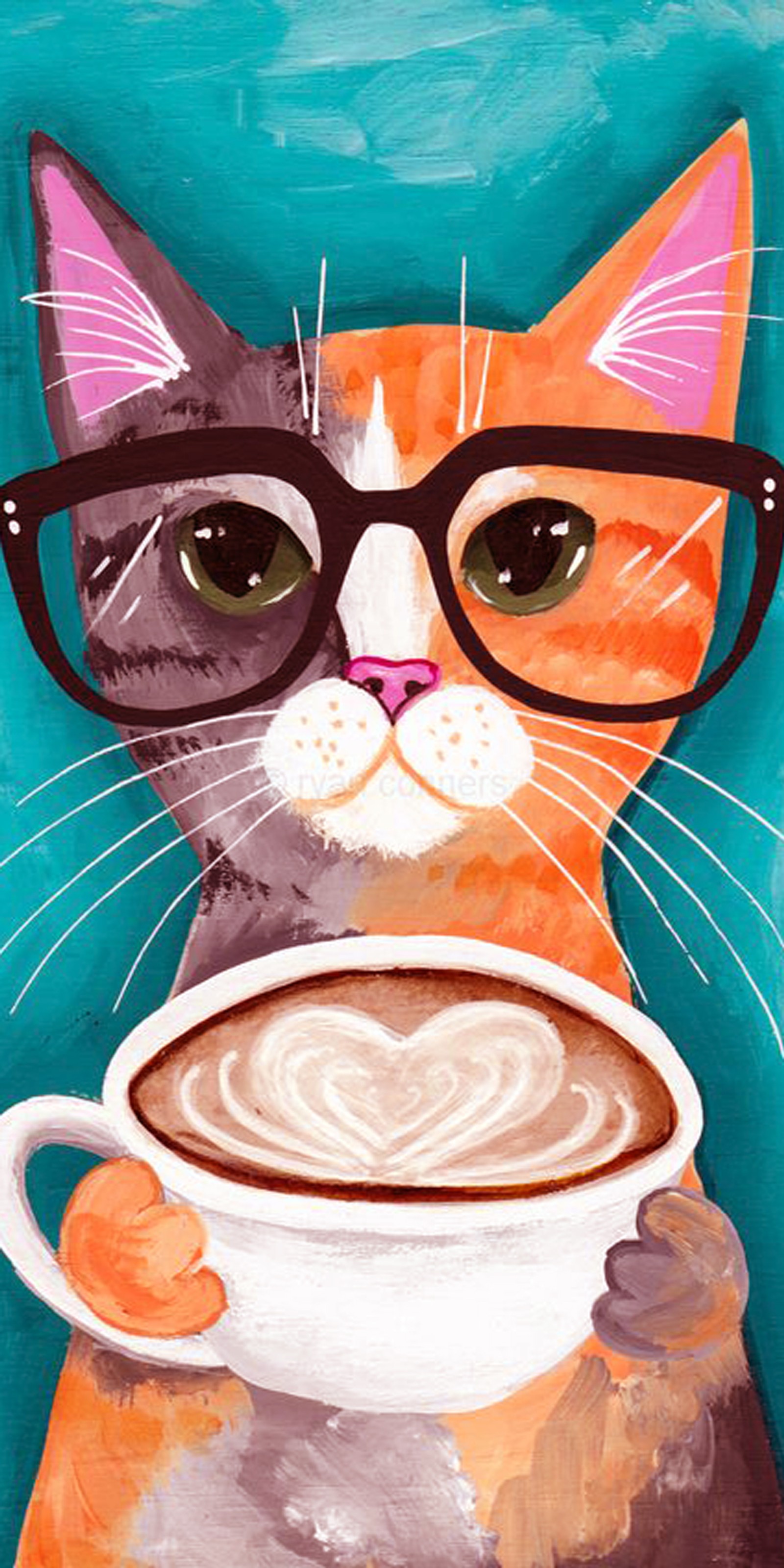 Peinture d'un chat avec des lunettes tenant une tasse de café (chat, café, mignon, lunettes, hipster)