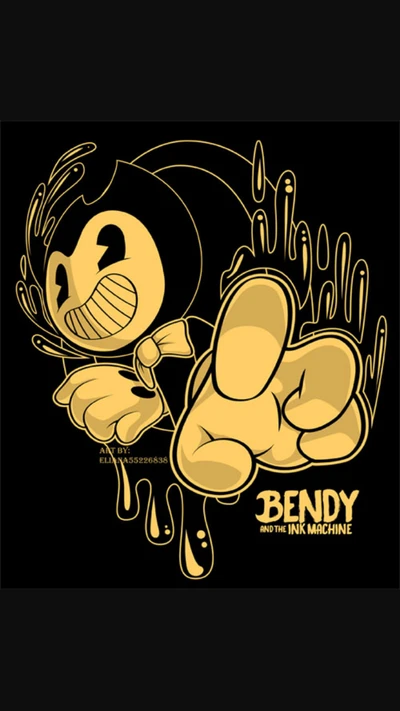 Personnage Bendy de "Bendy and the Ink Machine" dans une pose dynamique, entouré de éclaboussures d'encre.