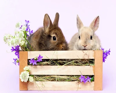 Bunnies Among Spring Flowers