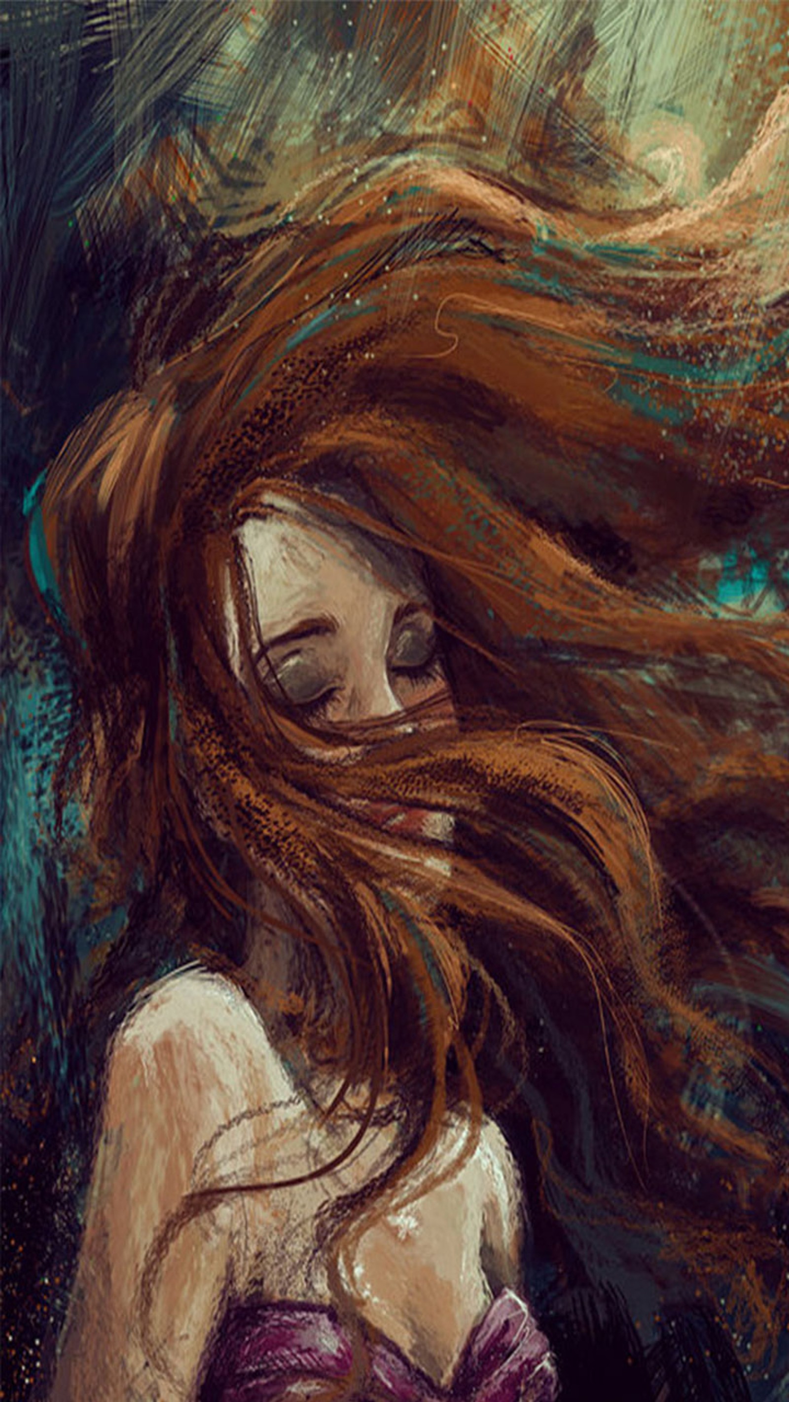 Uma pintura de uma mulher com cabelo longo soprando ao vento (menina, cabelos)