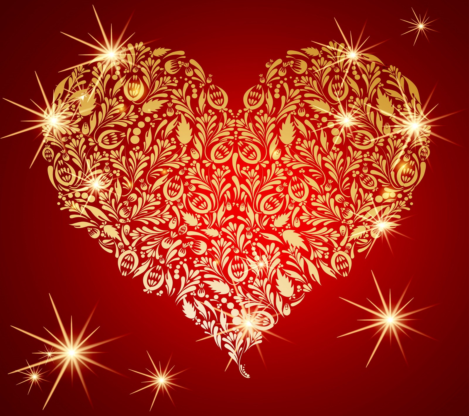 A golden heart with a floral pattern on a red background (gold, heart, love, luxury, valentine)