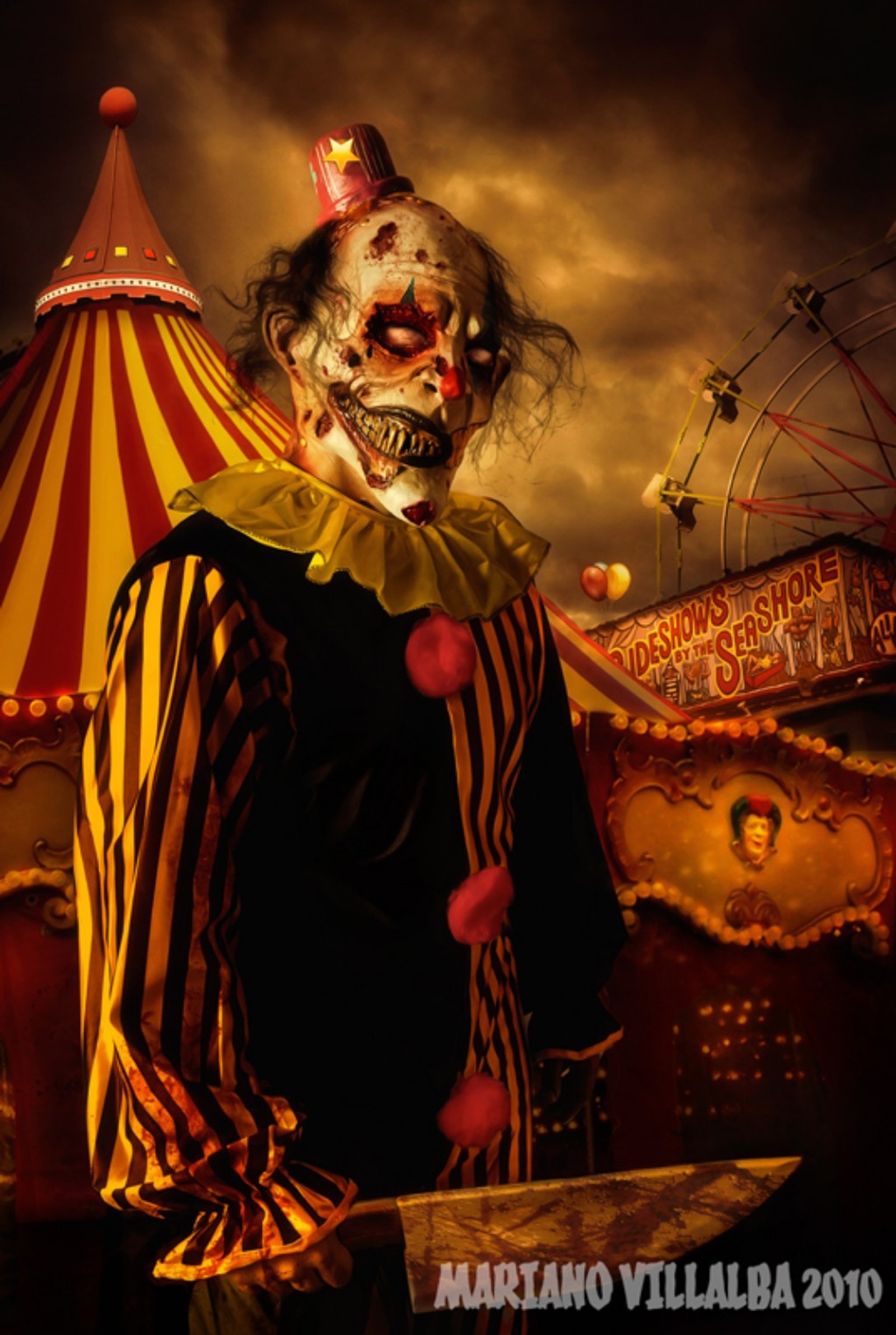 Clown with a knife in front of a carnival tent (circus, clown, creepy, horror)