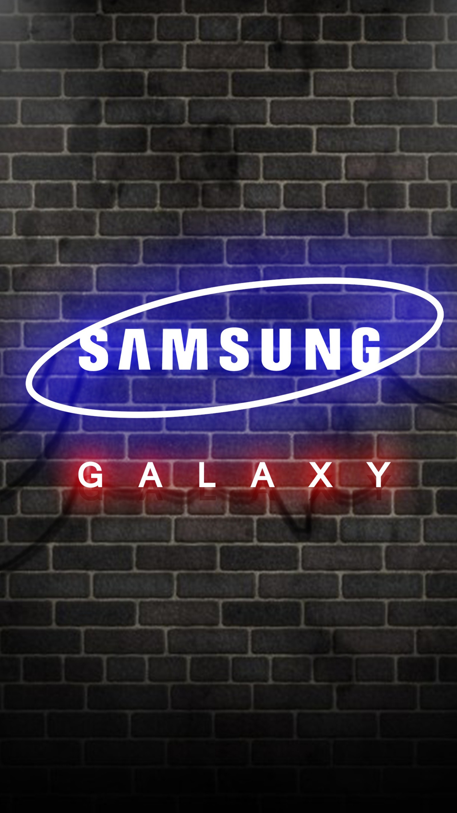 Un primer plano de un letrero de neón en una pared de ladrillo (galaxia, teléfono, samsung, pantalla)