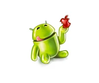 Personagem Android desfrutando de uma maçã vermelha