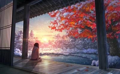 Serene Winter Sunset: A Girl's Reflection Amidst Snow and Autumn Leaves