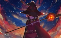 Megumin aus Konosuba wirkt einen Zauber unter einem sternenklaren Himmel.