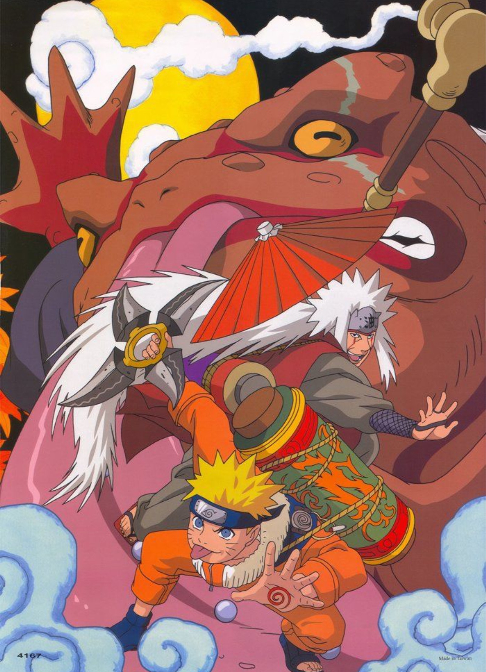 Une image de dessin animé d'un homme et d'une femme en costume de dragon (gamabunta, jiraiya, naruto, sauge, sannin)